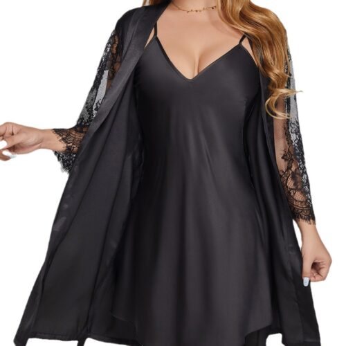 主图-06 Elegant Women's Sexy Spaghetti Strap Nightgown - Backless Lace Paneled Solid Color, 4-Season Sleep Dress